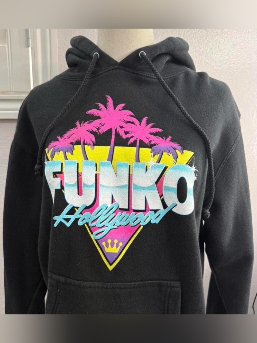 Funko Black Hoodie with Pink Palms & Yellow Triangle Graphic